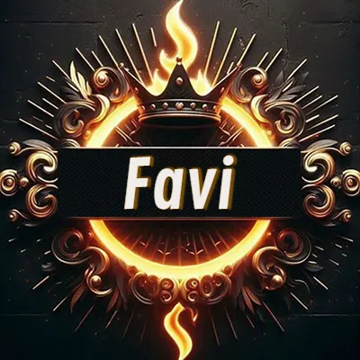 Diseño circular real con adornos dorados, llama de fuego detrás de una corona negra pequeña y nombre en blanco. - Favi Diseño circular real con adornos dorados, llama de fuego detrás de una corona negra pequeña y nombre en blanco. - Favi