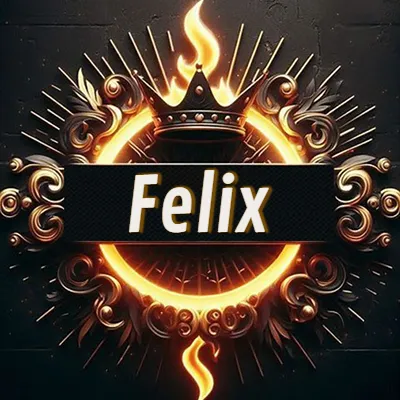 Diseño circular real con adornos dorados, llama de fuego detrás de una corona negra pequeña y nombre en blanco. - Felix Diseño circular real con adornos dorados, llama de fuego detrás de una corona negra pequeña y nombre en blanco. - Felix