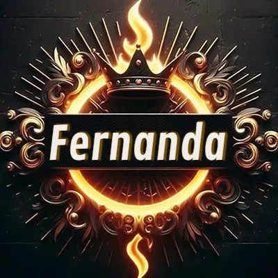 Diseño circular real con adornos dorados, llama de fuego detrás de una corona negra pequeña y nombre en blanco. - Fernanda Diseño circular real con adornos dorados, llama de fuego detrás de una corona negra pequeña y nombre en blanco. - Fernanda