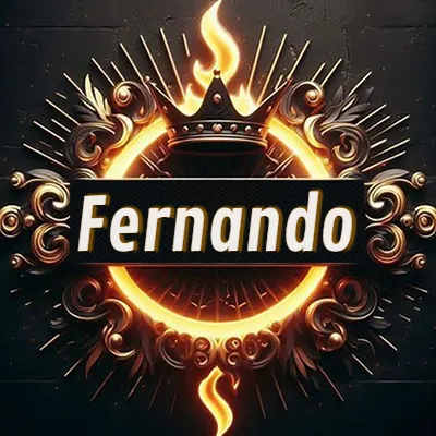Diseño circular real con adornos dorados, llama de fuego detrás de una corona negra pequeña y nombre en blanco. - Fernando Diseño circular real con adornos dorados, llama de fuego detrás de una corona negra pequeña y nombre en blanco. - Fernando