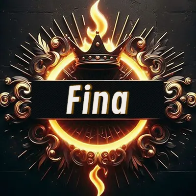 Diseño circular real con adornos dorados, llama de fuego detrás de una corona negra pequeña y nombre en blanco. - Fina