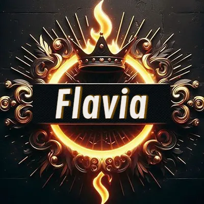 Diseño circular real con adornos dorados, llama de fuego detrás de una corona negra pequeña y nombre en blanco. - Flavia