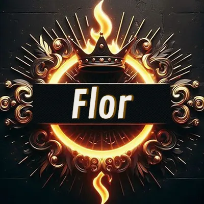 Diseño circular real con adornos dorados, llama de fuego detrás de una corona negra pequeña y nombre en blanco. - Flor