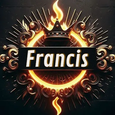 Panel artístico circular con una llama dorada y una corona negra en el centro, rodeado de ornamentos espirales dorados entrelazados que emanan una luz cálida sobre un fondo de muro de piedra oscura. El nombre Francis está escrito en blanco destacado dentro de un rectángulo negro horizontal que cruza la mitad del diseño circular.
