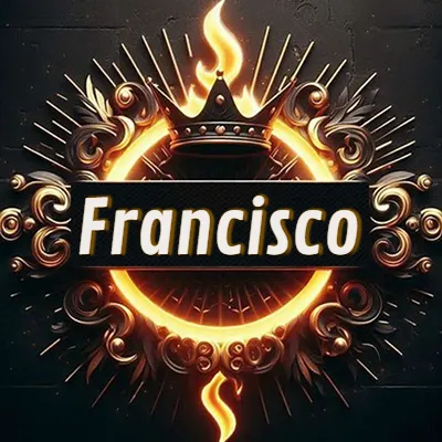 Diseño circular real con adornos dorados, llama de fuego detrás de una corona negra pequeña y nombre en blanco. - Francis