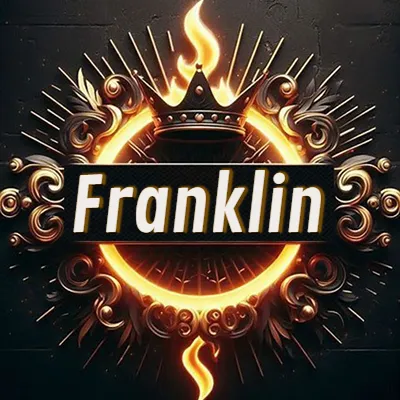 Diseño circular real con adornos dorados, llama de fuego detrás de una corona negra pequeña y nombre en blanco. - Franklin