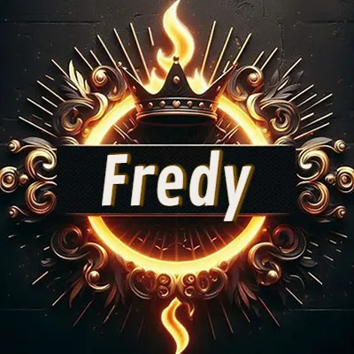 Diseño circular real con adornos dorados, llama de fuego detrás de una corona negra pequeña y nombre en blanco. - Fredy Diseño circular real con adornos dorados, llama de fuego detrás de una corona negra pequeña y nombre en blanco. - Fredy
