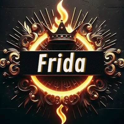 Diseño circular real con adornos dorados, llama de fuego detrás de una corona negra pequeña y nombre en blanco. - Frida Diseño circular real con adornos dorados, llama de fuego detrás de una corona negra pequeña y nombre en blanco. - Frida