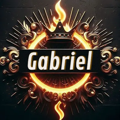 Diseño circular real con adornos dorados, llama de fuego detrás de una corona negra pequeña y nombre en blanco. - Gabriel Diseño circular real con adornos dorados, llama de fuego detrás de una corona negra pequeña y nombre en blanco. - Gabriel
