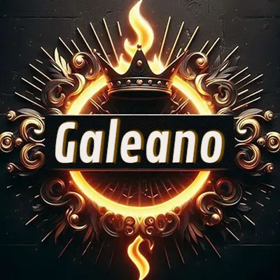 Diseño circular real con adornos dorados, llama de fuego detrás de una corona negra pequeña y nombre en blanco. - Galeano Diseño circular real con adornos dorados, llama de fuego detrás de una corona negra pequeña y nombre en blanco. - Galeano