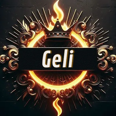 Diseño circular real con adornos dorados, llama de fuego detrás de una corona negra pequeña y nombre en blanco. - Geli