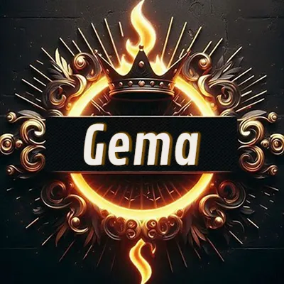 Diseño circular real con adornos dorados, llama de fuego detrás de una corona negra pequeña y nombre en blanco. - Gema