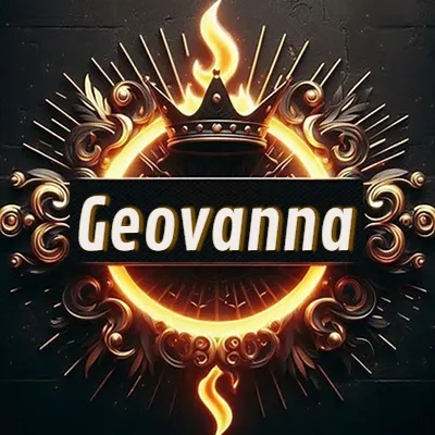 Diseño circular real con adornos dorados, llama de fuego detrás de una corona negra pequeña y nombre en blanco. - Geovanna