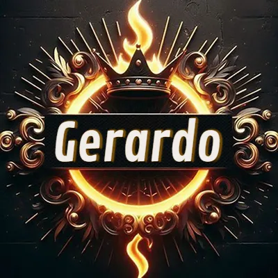 Diseño circular real con adornos dorados, llama de fuego detrás de una corona negra pequeña y nombre en blanco. - Gerardo Diseño circular real con adornos dorados, llama de fuego detrás de una corona negra pequeña y nombre en blanco. - Gerardo