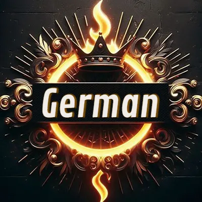 Diseño circular real con adornos dorados, llama de fuego detrás de una corona negra pequeña y nombre en blanco. - German Diseño circular real con adornos dorados, llama de fuego detrás de una corona negra pequeña y nombre en blanco. - German