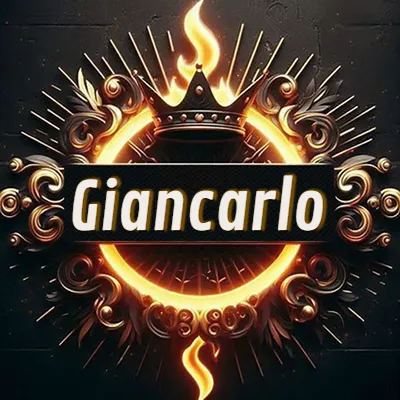 Diseño circular real con adornos dorados, llama de fuego detrás de una corona negra pequeña y nombre en blanco. - Giancarlo