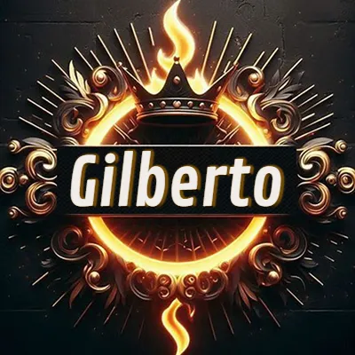 Diseño circular real con adornos dorados, llama de fuego detrás de una corona negra pequeña y nombre en blanco. - Gilberto Diseño circular real con adornos dorados, llama de fuego detrás de una corona negra pequeña y nombre en blanco. - Gilberto