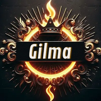 Diseño circular real con adornos dorados, llama de fuego detrás de una corona negra pequeña y nombre en blanco. - Gilma