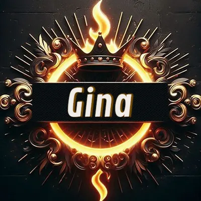 Diseño circular real con adornos dorados, llama de fuego detrás de una corona negra pequeña y nombre en blanco. - Gina