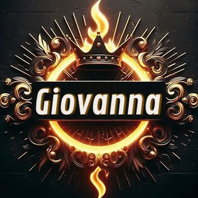 Diseño circular real con adornos dorados, llama de fuego detrás de una corona negra pequeña y nombre en blanco. - Giovanna