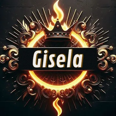 Diseño circular real con adornos dorados, llama de fuego detrás de una corona negra pequeña y nombre en blanco. - Gisela