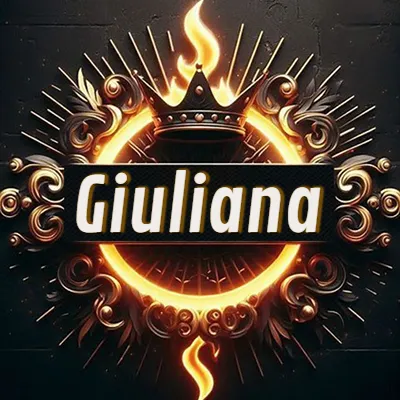 Diseño circular real con adornos dorados, llama de fuego detrás de una corona negra pequeña y nombre en blanco. - Giuliana