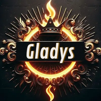 Diseño circular real con adornos dorados, llama de fuego detrás de una corona negra pequeña y nombre en blanco. - Gladys