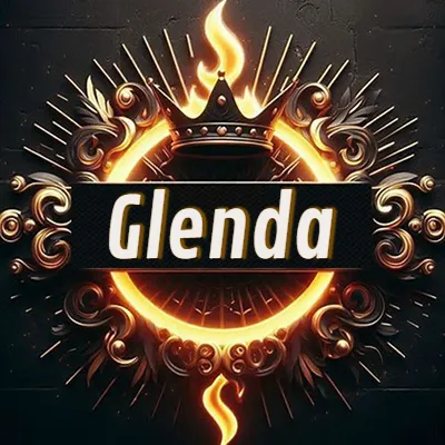 Diseño circular real con adornos dorados, llama de fuego detrás de una corona negra pequeña y nombre en blanco. - Glenda