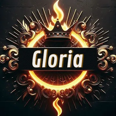 Diseño circular real con adornos dorados, llama de fuego detrás de una corona negra pequeña y nombre en blanco. - Gloria Diseño circular real con adornos dorados, llama de fuego detrás de una corona negra pequeña y nombre en blanco. - Gloria