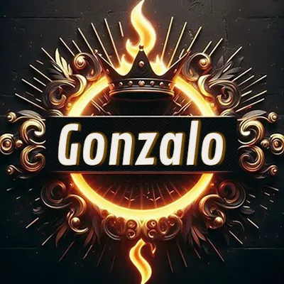 Diseño circular real con adornos dorados, llama de fuego detrás de una corona negra pequeña y nombre en blanco. - Gonzalo