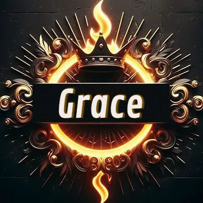 Diseño circular real con adornos dorados, llama de fuego detrás de una corona negra pequeña y nombre en blanco. - Grace Diseño circular real con adornos dorados, llama de fuego detrás de una corona negra pequeña y nombre en blanco. - Grace