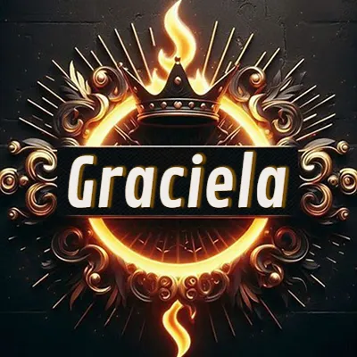 Diseño circular real con adornos dorados, llama de fuego detrás de una corona negra pequeña y nombre en blanco. - Graciela Diseño circular real con adornos dorados, llama de fuego detrás de una corona negra pequeña y nombre en blanco. - Graciela