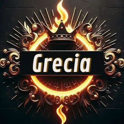 Diseño circular real con adornos dorados, llama de fuego detrás de una corona negra pequeña y nombre en blanco. - Grecia