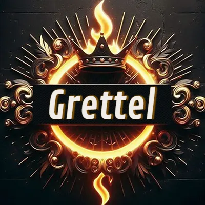 Diseño circular real con adornos dorados, llama de fuego detrás de una corona negra pequeña y nombre en blanco. - Grettel Diseño circular real con adornos dorados, llama de fuego detrás de una corona negra pequeña y nombre en blanco. - Grettel