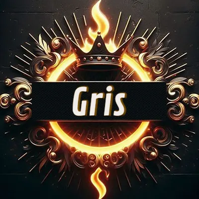 Diseño circular real con adornos dorados, llama de fuego detrás de una corona negra pequeña y nombre en blanco. - Gris