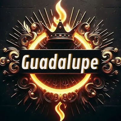 Diseño circular real con adornos dorados, llama de fuego detrás de una corona negra pequeña y nombre en blanco. - Guadalupe