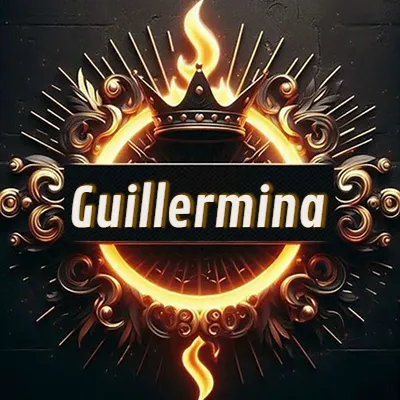 Diseño circular real con adornos dorados, llama de fuego detrás de una corona negra pequeña y nombre en blanco. - Guillermina