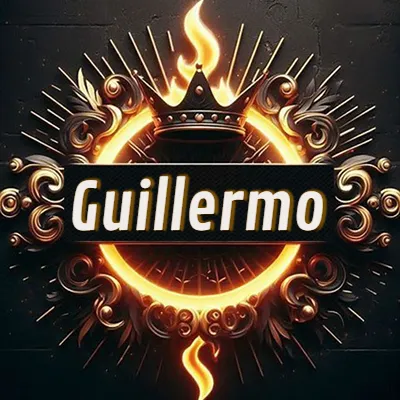 Diseño circular real con adornos dorados, llama de fuego detrás de una corona negra pequeña y nombre en blanco. - Guillermo