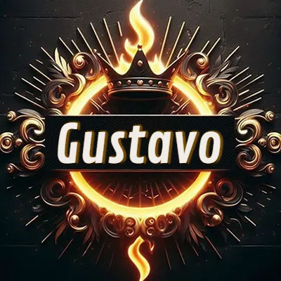 Diseño circular real con adornos dorados, llama de fuego detrás de una corona negra pequeña y nombre en blanco. - Gustavo