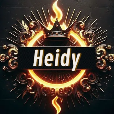 Diseño circular real con adornos dorados, llama de fuego detrás de una corona negra pequeña y nombre en blanco. - Heidy