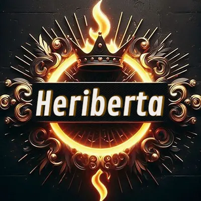 Diseño circular real con adornos dorados, llama de fuego detrás de una corona negra pequeña y nombre en blanco. - Heriberta