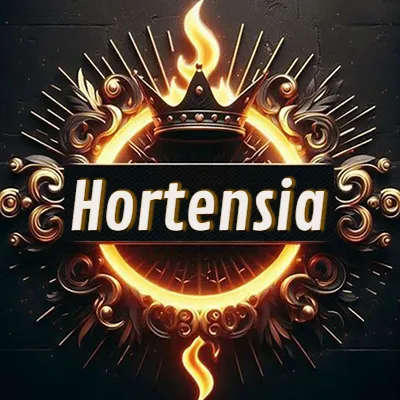 Diseño circular real con adornos dorados, llama de fuego detrás de una corona negra pequeña y nombre en blanco. - Hortensia