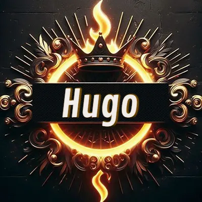 Diseño circular real con adornos dorados, llama de fuego detrás de una corona negra pequeña y nombre en blanco. - Hugo