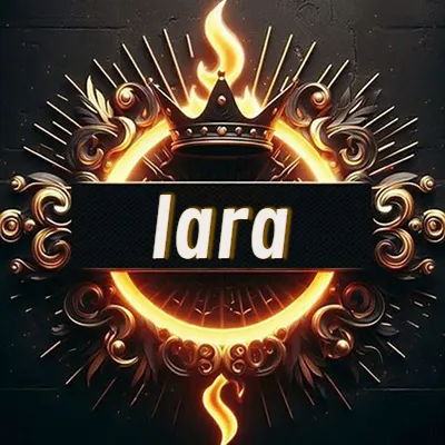 Diseño circular real con adornos dorados, llama de fuego detrás de una corona negra pequeña y nombre en blanco. - Iara