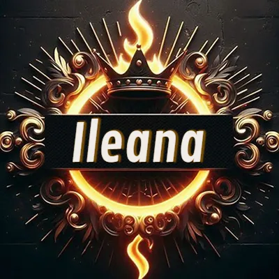 Diseño circular real con adornos dorados, llama de fuego detrás de una corona negra pequeña y nombre en blanco. - Ileana