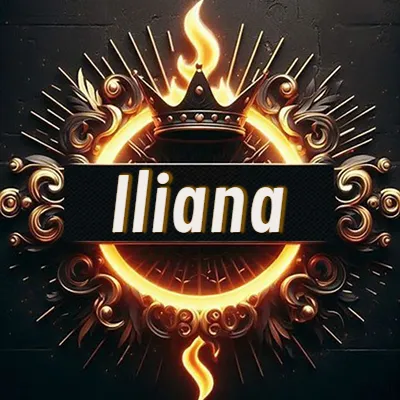 Diseño circular real con adornos dorados, llama de fuego detrás de una corona negra pequeña y nombre en blanco. - Iliana