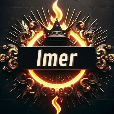 Diseño circular real con adornos dorados, llama de fuego detrás de una corona negra pequeña y nombre en blanco. - Imer