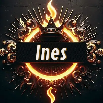 Diseño circular real con adornos dorados, llama de fuego detrás de una corona negra pequeña y nombre en blanco. - Ines Diseño circular real con adornos dorados, llama de fuego detrás de una corona negra pequeña y nombre en blanco. - Ines