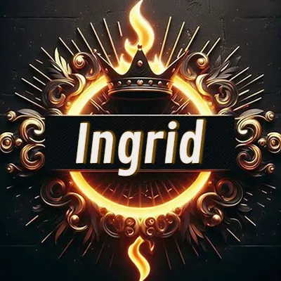 Diseño circular real con adornos dorados, llama de fuego detrás de una corona negra pequeña y nombre en blanco. - Ingrid Diseño circular real con adornos dorados, llama de fuego detrás de una corona negra pequeña y nombre en blanco. - Ingrid