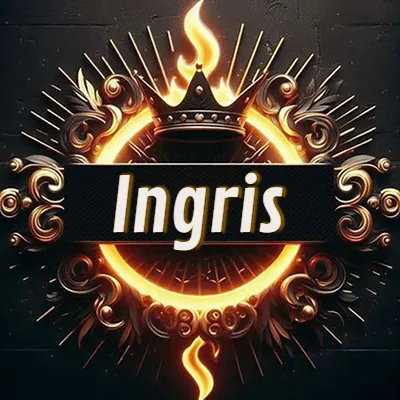 Diseño circular real con adornos dorados, llama de fuego detrás de una corona negra pequeña y nombre en blanco. - Ingris Diseño circular real con adornos dorados, llama de fuego detrás de una corona negra pequeña y nombre en blanco. - Ingris